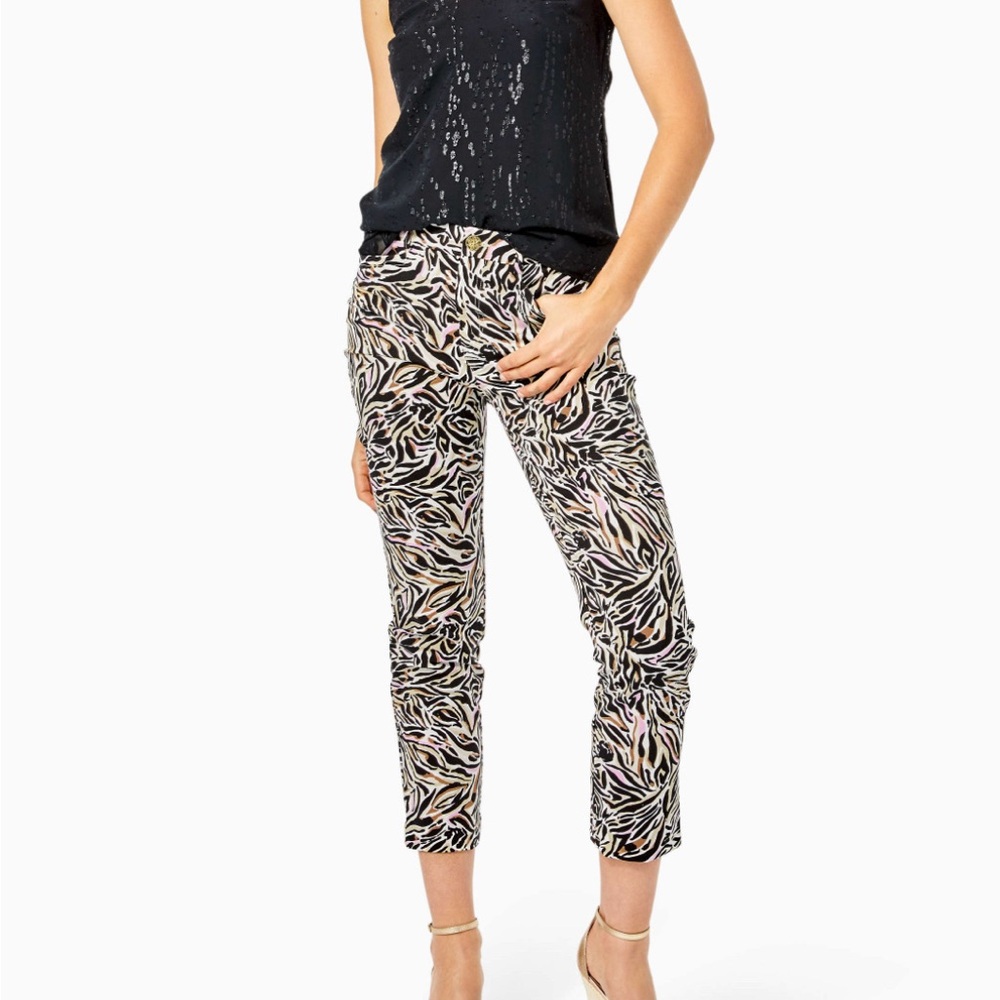 Lilly Pulitzer Kelly Stretch Pant Mid Rise Straight Can You Zee Me Print Size 2